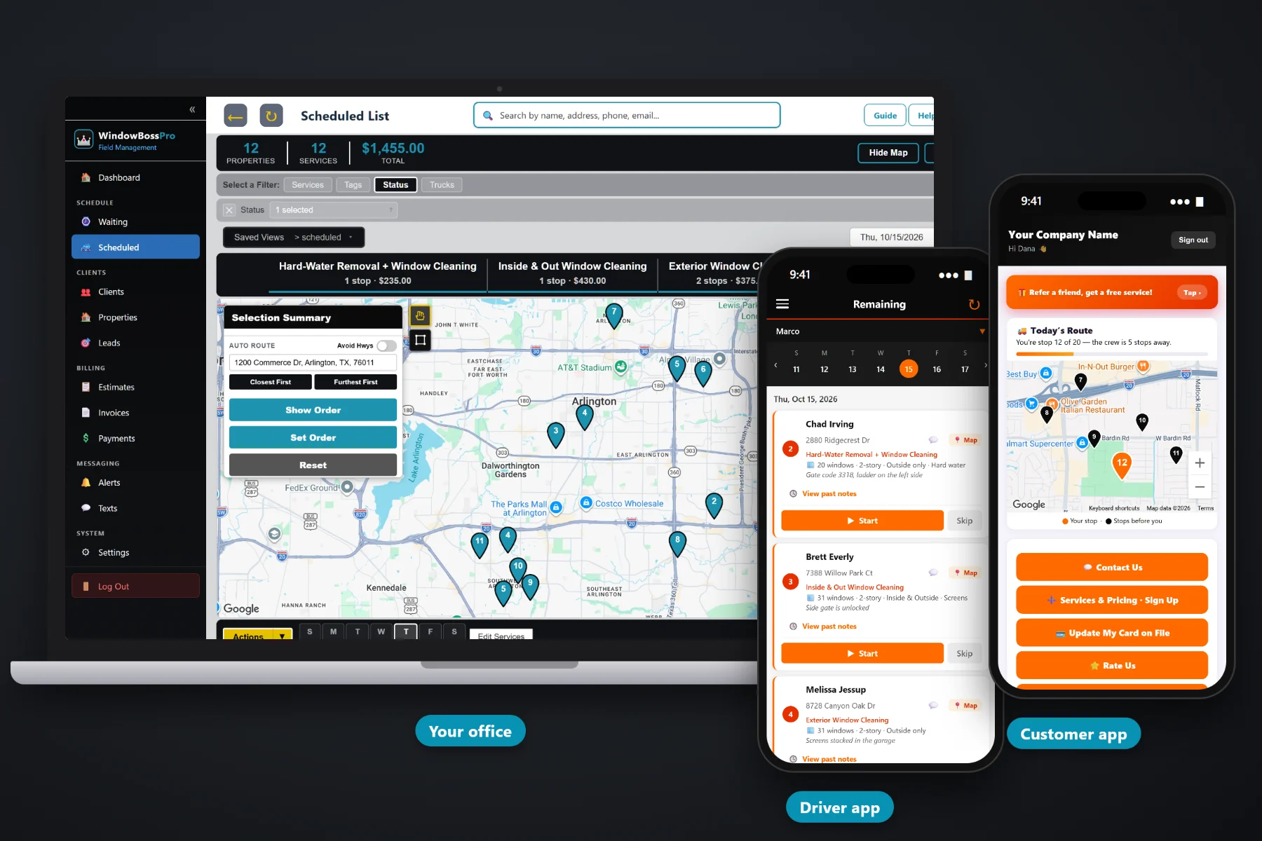 WindowBossPro on a laptop showing the service waiting list and dispatch map, with the tech app and the customer app on two phones